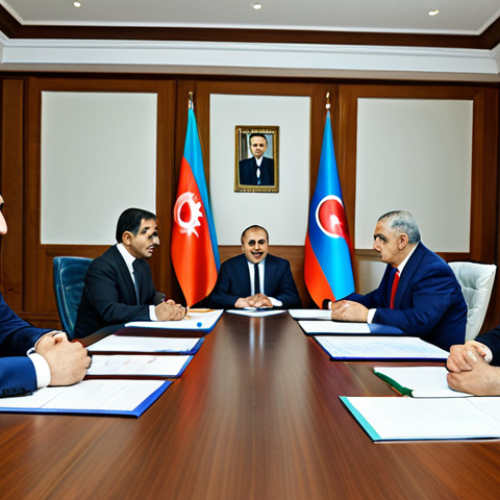 Home 23 **
"A peace negotiation scene between Armenian and Azerbaijani representatives, set in a neutral conference room, fully clothed in professional attire, serious but hopeful expressions, a large table with documents and flags, safe for work, appropriate content, perfect anatomy, natural proportions, high resolution, professional lighting."
**