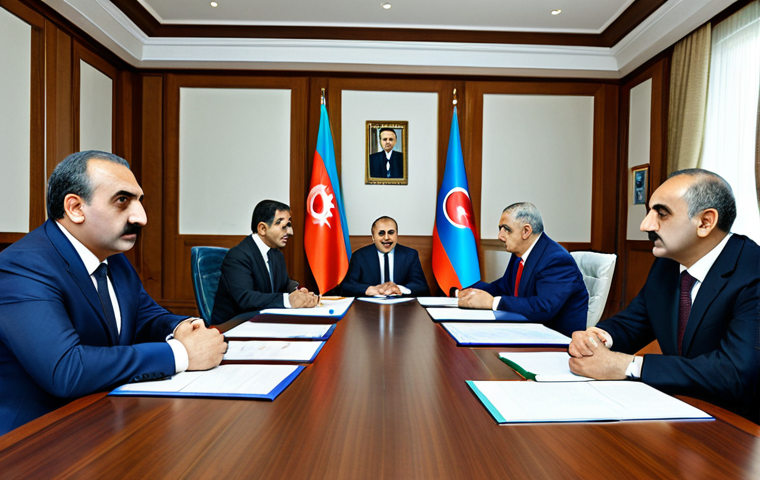 **

"A peace negotiation scene between Armenian and Azerbaijani representatives, set in a neutral conference room, fully clothed in professional attire, serious but hopeful expressions, a large table with documents and flags, safe for work, appropriate content, perfect anatomy, natural proportions, high resolution, professional lighting."

**