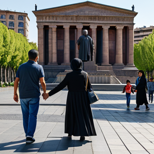 Home 13 A family-friendly scene near the Armenian Independence Monument, Yerevan. People are walking around, fully clothed in modest attire, enjoying a sunny day. The monument is in the background, showcasing its architecture. Safe for work, appropriate content, perfect anatomy, natural proportions, professional photography, high quality.