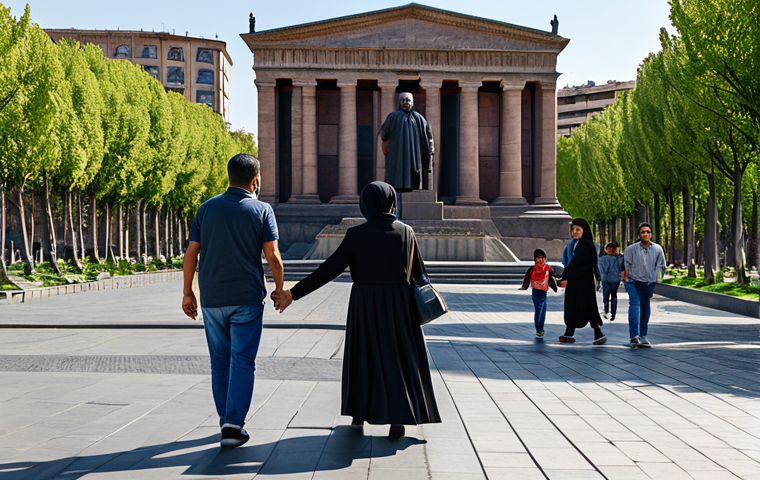 A family-friendly scene near the Armenian Independence Monument, Yerevan.  People are walking around, fully clothed in modest attire, enjoying a sunny day. The monument is in the background, showcasing its architecture.  Safe for work, appropriate content, perfect anatomy, natural proportions, professional photography, high quality.