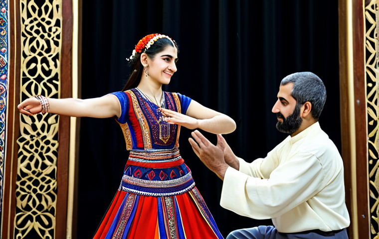 아르메니아 민속춤 종류 - **Traditional Armenian Dance Costume:** "Close-up shot of a beautifully detailed traditional Armenia...