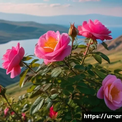아르메니아 주요 식물과 자연 보호구역 - A vibrant close-up scene of Armenia’s rare wild roses blooming in a mountainous national park settin...