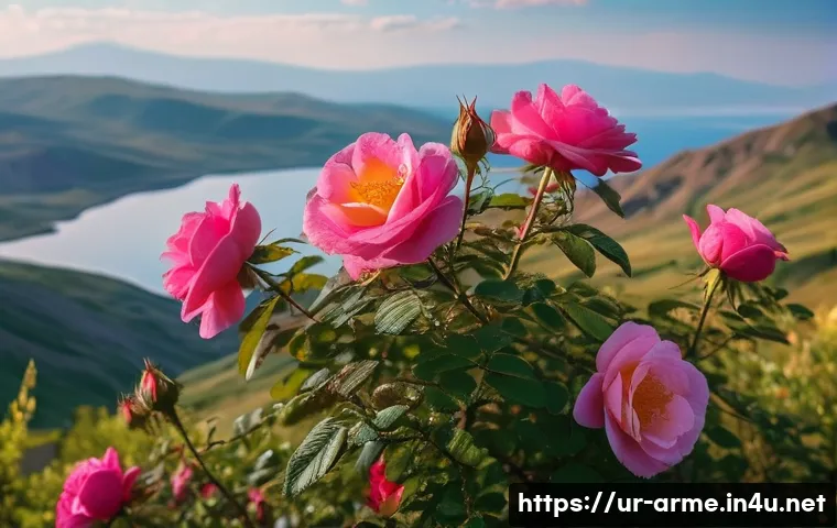 아르메니아 주요 식물과 자연 보호구역 - A vibrant close-up scene of Armenia’s rare wild roses blooming in a mountainous national park settin...