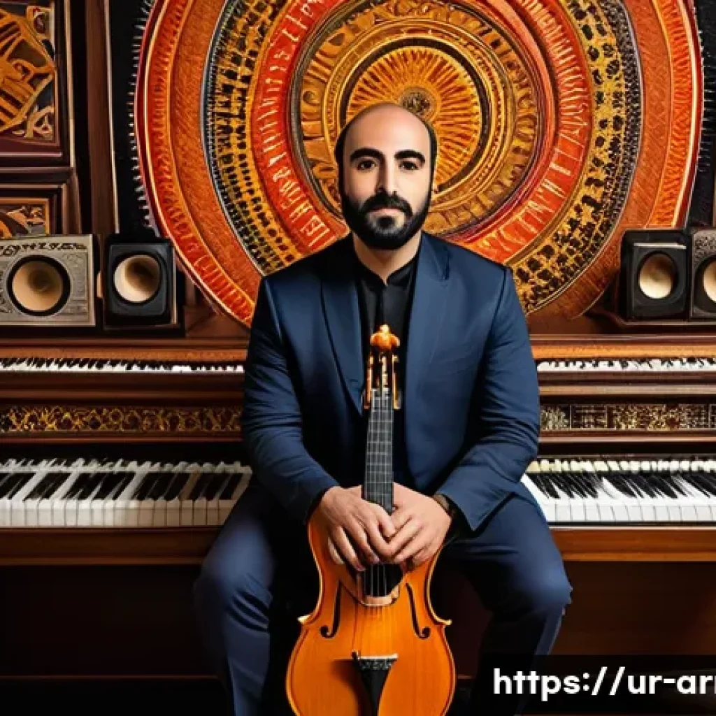 아르메니아의 음악가 아람 하차투리안 - A vibrant, detailed scene illustrating the fusion of traditional Armenian culture and modern music, ...