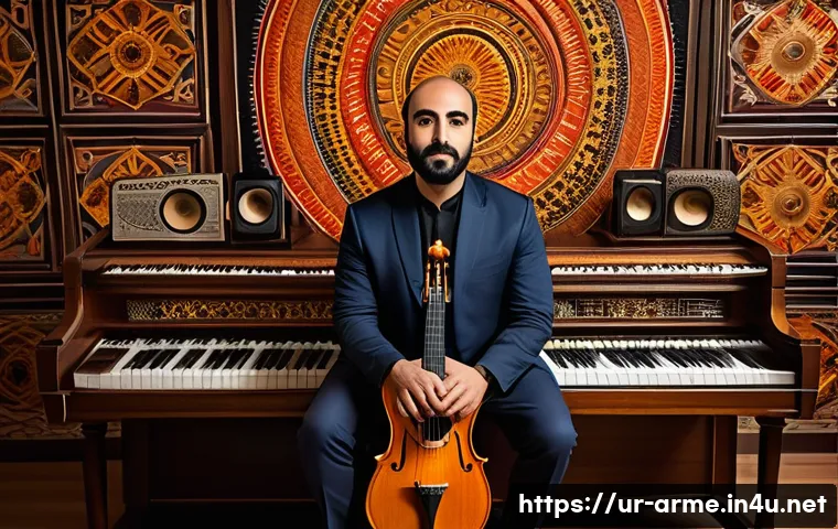 아르메니아의 음악가 아람 하차투리안 - A vibrant, detailed scene illustrating the fusion of traditional Armenian culture and modern music, ...