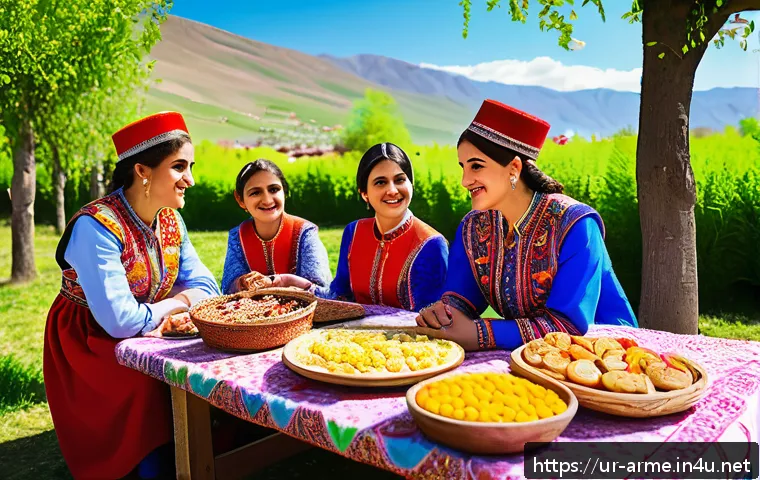 아르메니아의 봄철 축제 - A vibrant Armenian spring festival scene set in a lush green village square, filled with people dres...