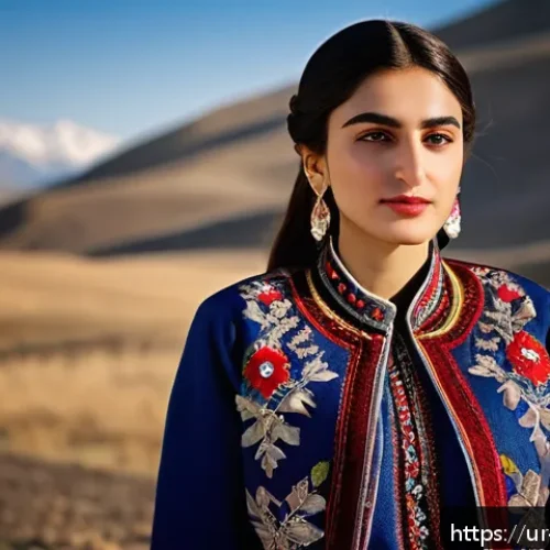 Home 32 아르메니아의 전통 옷 타르즈 - A detailed portrait of a young Armenian woman wearing traditional Armenian attire featuring rich, de...