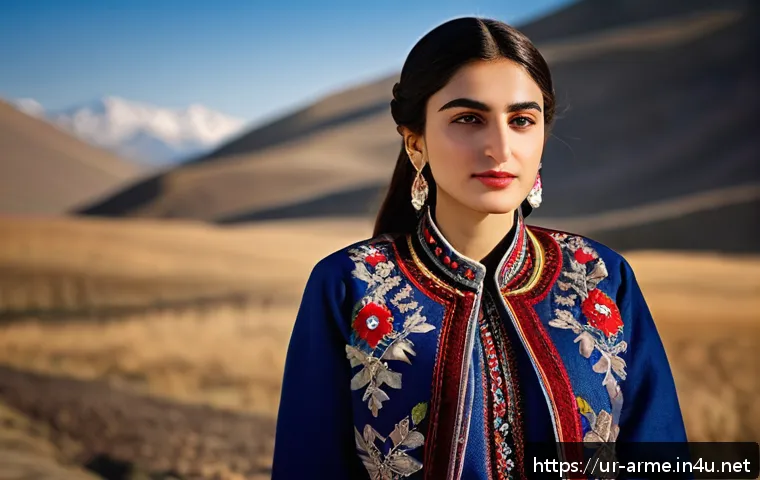 아르메니아의 전통 옷  타르즈 - A detailed portrait of a young Armenian woman wearing traditional Armenian attire featuring rich, de...