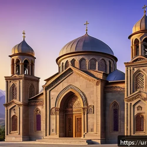 Home 31 아르메니아 건축 양식의 특징 - A majestic Armenian church exterior during golden hour, showcasing intricate stonework with violet a...