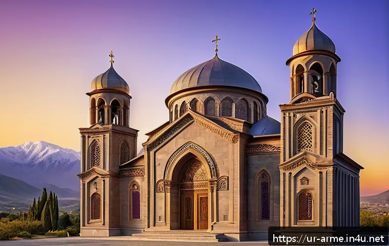 아르메니아 건축 양식의 특징 - A majestic Armenian church exterior during golden hour, showcasing intricate stonework with violet a...